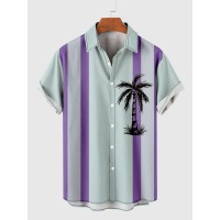 1960s LightCyan and MediumPurple Stripe Coconut Tree Printing Men's Short Sleeve Shirt